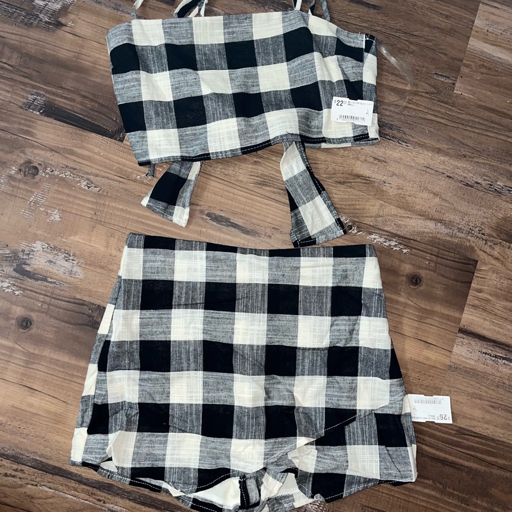 white black checkered flannel two piece tank skort